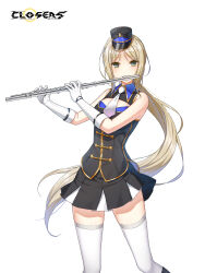 1girl alternate_hair_color band_uniform bare_shoulders black_boots black_hat black_jacket black_skirt blonde_hair boots breasts buttons cleavage_cutout closed_mouth closers clothing_cutout collared_jacket copyright_name cowboy_shot double-breasted eunha_(closers) flute fold-over_gloves gloves green_eyes hat highres holding holding_flute holding_instrument instrument jacket knee_boots legs_apart logo long_hair looking_at_viewer marching_band medium_breasts mini_hat mini_shako_cap miniskirt music necktie official_art parted_bangs playing_flute playing_instrument pleated_skirt ponytail shako_cap sidelocks skirt sleeveless sleeveless_jacket solo standing thighhighs transverse_flute very_long_hair white_background white_gloves white_necktie white_thighhighs wing_collar zettai_ryouiki