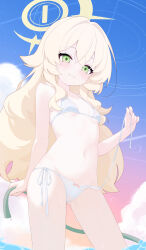 1girl absurdres bikini blonde_hair blue_archive bow bow_bikini breasts closed_mouth commentary cowboy_shot green_eyes halo highres holding holding_hose hose jiuchong_ying_fengxue loli long_hair looking_at_viewer navel open_clothes professor_niyaniya_(blue_archive) side-tie_bikini_bottom small_breasts swimsuit untied_bikini wavy_hair yellow_halo