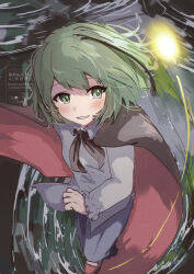 1girl antennae black_cape blue_shorts blush bug cape chidori_nekoro collared_shirt commentary_request cowboy_shot firefly green_eyes green_hair grin insect long_sleeves red_cape shirt short_hair shorts smile solo touhou two-sided_cape two-sided_fabric white_shirt wriggle_nightbug