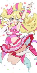 1girl arm_up arm_warmers armpits ass bare_shoulders beads blonde_hair blue_eyes blush boots bow-shaped_hair breasts commentary_request confetti crop_top cure_idol detached_sleeves drill_hair full_body hair_beads hair_between_eyes hair_ornament hair_ribbon headset heart heart-shaped_hair highres idol_heart_brooch kimi_to_idol_precure layered_skirt long_hair magical_girl mo_(boo1719501boo) multicolored_hair open_mouth pink_hair pink_ribbon pink_shirt pink_skirt pink_wrist_cuffs plaid_ribbon precure puffy_detached_sleeves puffy_sleeves ribbon sakura_uta_(precure) shirt single_arm_warmer skirt small_breasts smile solo streaked_hair sweat thigh_boots twin_drills two-tone_hair v white_arm_warmers white_background white_boots wrist_cuffs