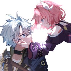 Rule 34 | 1boy, 1girl, antenna hair, black jacket, blue eyes, cyrene (honkai: star rail), dress, hair ornament, hand on another&#039;s cheek, hand on another&#039;s face, hashtag-only commentary, highres, honkai: star rail, honkai (series), jacket, looking at another, nyayou amanatto, phainon (honkai: star rail), pink hair, purple dress, short hair, simple background, smile, white background, white hair