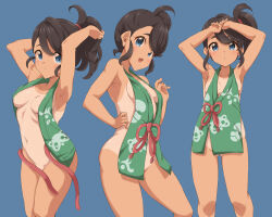 1girl armpits arms_up blue_background blue_eyes breasts brown_hair cleavage convenient_censoring female_focus functionally_nude gluteal_fold highres izuna_masaru japanese_clothes juliana_(pokemon) long_hair looking_at_viewer multiple_views nintendo no_bra no_panties pokemon pokemon_sv ponytail red_ribbon ribbon small_breasts solo tan tanline thigh_gap