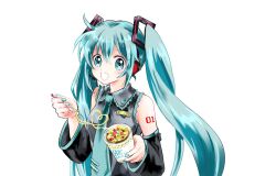 1girl aqua_eyes aqua_hair aqua_nails black_sleeves detached_sleeves fork grey_shirt grin hatsune_miku headphones highres holding holding_fork long_hair looking_at_viewer nissin_cup_noodle project_sekai shirt sleeveless sleeveless_shirt smile solo teeth transparent_background twintails usadapan1005 very_long_hair vocaloid