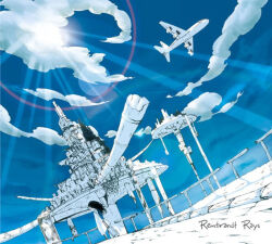 1girl aircraft airplane album_cover artist_request atlantis_airport_(band) black_hair blue_sky city cloud cover day dress full_body lens_flare light_rays limited_palette marmalade_butcher_(band) official_art outdoors protected_link rolling_suitcase scenery sky solo song_name suitcase sundress third-party_source white_dress