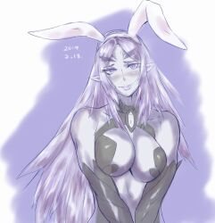 1girl alternate_costume black_bodysuit black_gloves blue_eyes blue_hair blue_skirt blush bodysuit breasts dated elma_(true_form)_(xenoblade_x) elma_(xenoblade_x) embarrassed gloves large_breasts monolith_soft nervous_smile pointy_ears rabbit_ears skirt smile spoilers uya_(yurukah) xeno_(series) xenoblade_chronicles_(series) xenoblade_chronicles_x