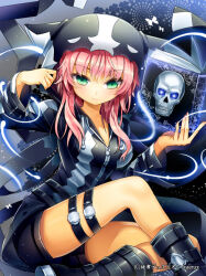 1girl black_boots black_jacket black_shorts boots breasts closed_mouth ells green_eyes hood hood_up hooded_jacket jacket long_sleeves looking_at_viewer medium_breasts original pink_hair short_hair_with_long_locks short_shorts shorts sidelocks sitting solo thigh_strap