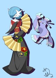 alternate_color black_eyes black_gloves blue_background blue_hair bob_cut closed_eyes colored_skin elbow_gloves floral_print game_freak gardevoir gen_3_pokemon gen_7_pokemon gloves hand_fan highres holding holding_fan japanese_clothes mega_gardevoir mega_pokemon nintendo oricorio oricorio_(sensu) pokemon pokemon_(creature) shabana_may shiny_pokemon signature simple_background white_skin