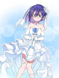1girl alternate_costume aqua_eyes bare_shoulders blue_background blue_flower blush bridal_veil bride choker collarbone commentary dalidari27 dot_nose dress elbow_gloves flower frown gloves hair_between_eyes hair_flower hair_ornament haraga_kurumi high-low_dress highres holding holding_flower kimi_no_koto_ga_dai_dai_dai_dai_daisuki_na_100-nin_no_kanojo looking_at_viewer medium_hair nose_blush own_hands_clasped own_hands_together purple_hair simple_background solo strapless strapless_dress v-shaped_eyebrows veil wedding_dress white_choker white_dress white_gloves