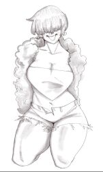 1girl 1shermieaday breasts coat curvy earrings female_focus fluffy heart huge_breasts jewelry large_breasts long_hair open_clothes shermie_(kof) shirt shorts smile smiley_face the_king_of_fighters thick_thighs thighs wide_hips