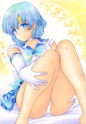 Rule 34 | 1girl, bishoujo senshi sailor moon, blue choker, blue eyes, blue hair, blue skirt, bodysuit, breasts, cameltoe, choker, commentary request, earrings, elbow gloves, feet out of frame, gloves, inner senshi, jewelry, magical girl, mizuno ami, nightmare77zx, on bed, panties, pantyshot, sailor mercury, sailor senshi uniform, short hair, sitting, skirt, smile, solo, stud earrings, underwear, white bodysuit, white gloves, white panties