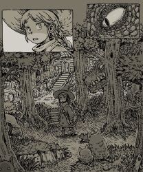1girl bag boots box braid building cat commentary_request creature dog dragon dress fantasy forest greyscale hat highres lizard long_hair long_sleeves mailbox_(incoming_mail) momochichi77 monochrome multiple_views mushroom nature open_mouth original outdoors shoulder_bag stairs tree walking witch_hat