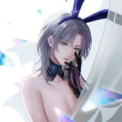 1girl angon623 animal_ears bare_shoulders black_gloves detached_collar gloves grey_eyes grey_hair medium_hair no_bra path_to_nowhere rabbit_ears solo tetra_(path_to_nowhere) topless_female