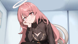 1girl absurdres arknights black_dress blush breasts cleavage cleavage_cutout closed_mouth clothing_cutout commentary_request dishui_tangni dress food food_on_face halo highres indoors large_breasts lemuen_(arknights) long_hair looking_at_viewer pink_eyes pink_hair sitting smile solo upper_body very_long_hair
