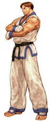 1boy absurdres barefoot capcom_vs_snk closed_mouth crossed_arms dobok fatal_fury fingerless_gloves from_side full_body game_cg gloves highres kim_dong_hwan light_frown male_focus muscular nishimura_kinu non-web_source official_art serious simple_background solo taekwondo veins veiny_arms white_background