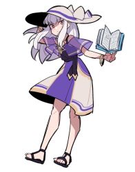 1girl :&lt; alternate_costume blush book closed_mouth do_m_kaeru dress fire_emblem fire_emblem:_three_houses floating floating_object full_body hat long_hair lysithea_von_ordelia nintendo open_book purple_dress sandals simple_background solo sun_hat sundress toes two-tone_dress white_background white_dress white_hair