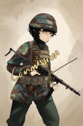 1girl absurdres ala_koli ammunition_pouch black_hair brown_eyes camouflage camouflage_jacket commission gun helmet highres italy jacket military military_uniform original paratrooper pouch smock submachine_gun turtleneck tz-45 weapon world_war_ii