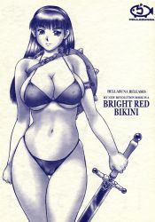 1girl absurdres armlet athena_(series) bikini breasts cameltoe choker cleavage covered_erect_nipples curvy english_text front-tie_top highres iruma_kamiri jewelry large_breasts legs long_hair looking_at_viewer monochrome navel princess princess_athena shield skindentation snk solo standing swimsuit sword thick_thighs thighs underboob walking weapon wide_hips