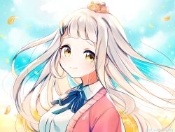 Rule 34 | 1girl, absurdres, animal, animal on head, blue ribbon, blue sky, blush, breasts, closed eyes, closed mouth, cloud, collared shirt, day, dress shirt, gonzalez (machita chima), grey hair, hair ornament, hamster, highres, jacket, long hair, looking at viewer, machita chima, machita chima (1st costume), medium breasts, neck ribbon, nijisanji, ninahachi, on head, open clothes, open jacket, outdoors, petals, pink jacket, ribbon, seed, shirt, short eyebrows, sky, smile, sunflower seed, thick eyebrows, twitter username, very long hair, virtual youtuber, white shirt, yellow eyes
