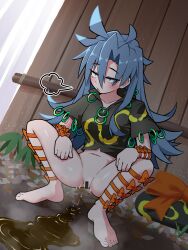 1girl bar_censor barefoot black_shirt blush bottomless bow censored commentary_request full_body grey_eyes grey_hair hair_between_eyes highres himemushi_momoyo long_bangs long_hair looking_down navel orange_bow pee peeing pussy shirt short_sleeves slav_squatting solidus_(sword_cube) solo squatting touhou upper_body variant_set very_long_hair