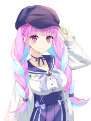 1girl ahoge anchor_symbol arm_up blue_choker blue_nails blue_sailor_collar blush bow braid breasts choker colored_inner_hair hat high-waist_skirt highres hololive jacket long_hair long_sleeves looking_at_viewer minato_aqua minato_aqua_(sailor) multicolored_hair official_alternate_costume pink_eyes pink_hair sailor_collar school_uniform skirt smile solo twin_braids two-tone_hair user_nsdr3528 virtual_youtuber white_background