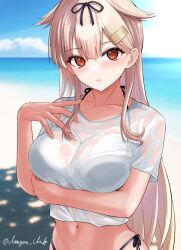 1girl beach bikini bikini_under_clothes black_bikini blonde_hair blue_sky cloud dangan_kurabu day hair_flaps hair_ornament hairclip highleg highleg_bikini highres horizon kantai_collection long_hair navel ocean outdoors red_eyes shadow shirt side-tie_bikini_bottom sky solo swimsuit upper_body white_shirt yuudachi_(kancolle) yuudachi_kai_ni_(kancolle)