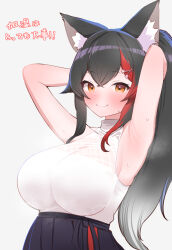 1girl animal_ear_fluff animal_ears armpits arms_behind_head black_hair black_skirt blush breasts brown_eyes closed_mouth gradient_hair grey_hair highres hololive kani_bonara large_breasts long_hair looking_at_viewer multicolored_hair ookami_mio ookami_mio_(street) ponytail red_hair shirt skirt sleeveless sleeveless_shirt smile solo streaked_hair virtual_youtuber white_shirt wolf_ears wolf_girl
