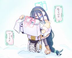 1girl absurdly_long_hair absurdres aqua_halo aris_(blue_archive) aris_(winter)_(blue_archive) blue_archive blue_scarf blush_stickers boots brown_boots brown_coat closed_eyes closed_mouth coat commentary_request earmuffs full_body fur-trimmed_coat fur-trimmed_sleeves fur_trim grey_hair grey_pantyhose hair_between_eyes halo highres hug kei_(amas)_(blue_archive) long_bangs long_hair long_sleeves low-braided_long_hair low-tied_long_hair mittens non-humanoid_robot official_alternate_costume official_alternate_hairstyle onrataon outdoors pantyhose plaid_clothes plaid_scarf pleated_skirt rectangular_halo robot scarf skirt smile snow standing tearing_up translation_request u_u very_long_hair wheel white_skirt winter winter_clothes winter_coat yellow_mittens
