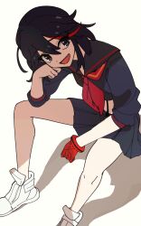 1girl :d black_eyes black_hair black_sailor_collar black_serafuku black_shirt black_skirt fang gloves head_rest highres kill_la_kill matoi_ryuuko medium_hair midriff miniskirt multicolored_hair neckerchief nzeneee open_mouth pleated_skirt red_gloves red_neckerchief sailor_collar sailor_shirt school_uniform senketsu serafuku shirt shoes simple_background single_glove sitting skirt smile solo stomach straight_hair streaked_hair suspender_skirt suspenders white_background white_shoes