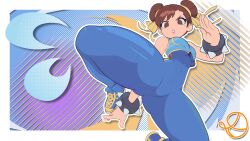 absurdres ben-day_dots blue_dress blue_eyes blue_leggings brown_hair capcom china_dress chinese_clothes chun-li crotch double_bun dress dynamic_pose gloves hair_bun hairband highres kicking leggings long_hair mamovt screentones shoes sneakers street_fighter video_game white_gloves yellow_hairband