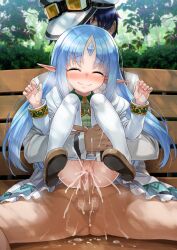 1boy 1girl absurdres bench blue_hair blush censored closed_eyes clothes_pull commentary_request commission cum cum_in_pussy dress el_mofus el_mofus_(black_hair_male) female_ejaculation female_orgasm forehead_jewel goggles goggles_on_headwear hat heavy_breathing hetero highres kalar_(race) loli long_hair mosaic_censoring nature orgasm outdoors pantyhose pantyhose_pull penis pointy_ears pussy rance_(series) rance_x reset_kalar reverse_upright_straddle sex sex_from_behind shirane_taito skeb_commission smile vaginal white_pantyhose