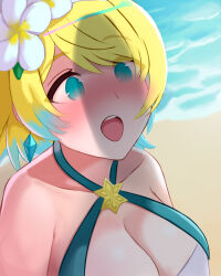 beach blonde_hair blue_background blue_eyes blush breasts censored ciderwrath cleavage earrings fire_emblem fire_emblem_heroes fjorm_(fire_emblem) flower hair_ornament happy jewelry mosaic_censoring necklace necklace_jewelry nintendo penis_awe penis_shadow