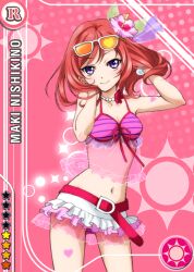 1girl anime_coloring arm_tattoo bare_shoulders belt belt_buckle bikini bikini_skirt blush bracelet breasts buckle card_(medium) character_name cleavage closed_mouth eyewear_on_head flower frilled_bikini frilled_skirt frills front-tie_top hair_flower hair_ornament hands_in_hair hands_in_own_hair hands_up heart heart_tattoo hibiscus jewelry leg_tattoo looking_at_viewer love_live! love_live!_school_idol_festival love_live!_school_idol_project medium_hair midriff natsuiro_egao_de_1_2_jump! navel necklace nishikino_maki official_art pearl_necklace pink_background pink_belt pink_flower pink_lips purple_eyes red_bikini red_flower red_hair see-through_clothes see-through_frills skirt smile solo standing star_(symbol) string_bikini striped_bikini striped_clothes sunglasses swimsuit tattoo tinted_eyewear