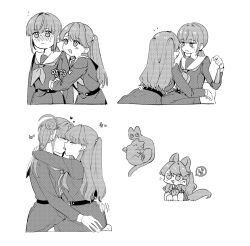 2girls :d animal_ears animalization arm_hug arms_around_neck basil_(wgh0anzdple3asf) blush book cat cat_ears cat_girl cat_tail chibi chibi_inset closed_eyes closed_mouth commentary_request dress flying_sweatdrops french_kiss frown fujishima_megumi greyscale hasu_no_sora_school_uniform heart highres holding holding_book kiss korean_commentary korean_text link!_like!_love_live! long_hair long_sleeves looking_at_another love_live! low_ponytail medium_dress monochrome multiple_girls neckerchief nose_blush open_mouth otomune_kozue person_and_animalization pleated_dress ponytail sailor_collar sailor_dress school_uniform sidelocks sitting smile sound_effects spoken_heart straddling tail translation_request two_side_up upright_straddle virtual_youtuber winter_uniform yuri