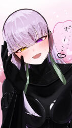 1girl absurdres black_bodysuit black_gloves blush bodysuit breasts elbow_gloves fate/grand_order fate_(series) giant giantess gimp_suit gloves green_ribbon hair_ribbon hairband heterochromia highres kingprotea_(fate) latex latex_bodysuit long_hair looking_at_viewer medium_breasts open_mouth purple_eyes purple_hair ribbon smile solo speech_bubble toumokorosi_01 translation_request very_long_hair xochitonal_(fate) yellow_eyes