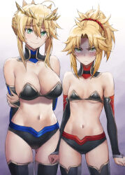 2girls ahoge arm_behind_back artoria_pendragon_(fate) artoria_pendragon_(lancer)_(fate) bare_shoulders black_bra black_shorts blonde_hair blush bra braid breast_envy breasts bridal_gauntlets cleavage closed_mouth collarbone crown detached_sleeves fang fate/apocrypha fate/grand_order fate_(series) frown gradient_background green_eyes hair_between_eyes hair_ornament hair_scrunchie highres large_breasts long_hair looking_at_viewer mordred_(fate) mordred_(fate/apocrypha) mother_and_daughter multiple_girls navel parted_bangs ponytail red_scrunchie revision scrunchie shaded_face short_shorts shorts sidelocks small_breasts smile thighs tonee underwear v-shaped_eyebrows