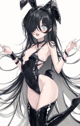 1girl absurdres animal_ears black_hair black_leotard black_nails black_thighhighs blush bracelet breasts colored_inner_hair commentary covered_navel english_commentary fake_animal_ears grey_eyes grey_hair gurami_(zangizarang) hair_over_one_eye highres jewelry leotard long_hair looking_at_viewer multicolored_hair nail_polish open_mouth original playboy_bunny rabbit_ears rabbit_tail simple_background small_breasts smile solo tail thighhighs thighs white_background