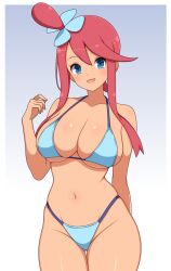 1girl :d arm_behind_back bare_shoulders bikini blue_bikini blue_eyes breasts cleavage collarbone commentary_request cowboy_shot groin hair_between_eyes hair_ornament hand_up highres ichiryuu_tsumiki large_breasts looking_at_viewer navel nintendo one_side_up open_mouth pokemon pokemon_bw red_hair short_hair_with_long_locks sidelocks skindentation skyla_(pokemon) smile solo standing stomach swept_bangs swimsuit
