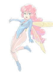 Rule 34 | 1girl, blue leotard, cham fau, fairy, fairy wings, gloves, green eyes, highleg, highleg leotard, highres, leotard, long hair, looking at viewer, open mouth, pantyhose, pink hair, seisenshi dunbine, simple background, smile, solo, ueyama michirou, white background, wings