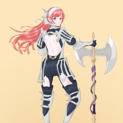 1girl armor axe backless_outfit battle_axe cherche_(fire_emblem) double-sided_axe fire_emblem fire_emblem_awakening highres long_hair looking_at_viewer nintendo pink_eyes pink_hair schwzr smile solo weapon