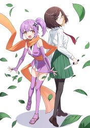 2girls back-to-back brown_eyes brown_hair brown_pantyhose brown_shoes closed_mouth commentary_request daifuku_(tkja3555) elbow_gloves fingerless_gloves full_body glasses gloves green_skirt highres holding holding_knife japanese_clothes kimono knife koga_konoha kusagakure_satoko leaf loafers looking_at_viewer looking_back multiple_girls necktie ninja ninja_to_koroshiya_no_futarigurashi open_mouth orange_eyes orange_scarf pantyhose pleated_skirt purple_gloves purple_hair purple_kimono purple_thighhighs red_necktie scarf school_uniform shirt shoes short_hair shuriken_hair_ornament simple_background skirt sleeveless sleeveless_kimono smile standing thighhighs white_background white_shirt