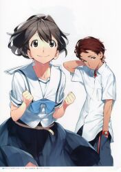 1boy 1girl absurdres arm_behind_head bad_anatomy bad_ears belt belt_buckle black_hair blouse blue_bow blue_bowtie blue_pants blue_ribbon blue_skirt blue_trim bow bowtie breast_pocket brown_belt brown_eyes brown_hair buckle chuo_tanegashima_high_school_uniform clenched_hands collarbone collared_shirt dynamic_pose embarrassed frown fukuda_tomonori hair_between_eyes hand_in_pocket hand_on_own_neck head_down highres long_hair long_skirt looking_at_viewer looking_up official_art open_collar pants pleated_skirt pocket red_shirt red_undershirt ribbon robotics;notes sailor sailor_collar school_uniform scratching_head senomiya_akiho serafuku shirt short_hair short_sleeves simple_background skirt smile thighs watch white_background white_shirt wristwatch yashio_kaito yellow_belt