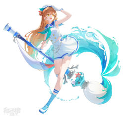 1girl absurdres aqua_hair aqua_neckerchief aqua_socks black_survival blue_sailor_collar brown_eyes brown_hair eternal_return:_black_survival floating_hair full_body gloves hand_up hat highres long_hair looking_afar multicolored_hair neckerchief official_art open_mouth sailor_collar shirt shoes short_sleeves simple_background skirt smile socks teeth tia_(black_survival) upper_teeth_only very_long_hair white_background white_gloves white_hat white_shirt white_shoes white_skirt zerosugar7979