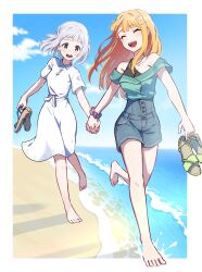 2girls barefoot beach blue_eyes blue_sky blush border closed_eyes cloud collared_dress commentary_request day denim denim_shorts dress full_body gakuen_idolmaster grey_hair highres holding holding_hands holding_shoes holding_unworn_clothes hyoe_(hachiechi) idolmaster katsuragi_lilja long_hair mole mole_under_eye multiple_girls ocean off-shoulder_shirt off_shoulder open_mouth orange_hair outdoors outside_border running sandals scrunchie shirt shiun_sumika shoes short_hair short_sleeves shorts sky smile unworn_shoes waves white_border white_dress wrist_scrunchie