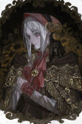 1girl absurdres black_cape bloodborne bonnet brown_bonnet cape closed_mouth doll_joints dress expressionless flower gbsaphira grey_dress grey_eyes grey_hair hand_up hat hat_ribbon highres joints long_sleeves plain_doll red_flower red_rose ribbon rose short_hair sidelocks solo sun yellow_flower