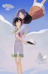 2girls absurdres bird blue_hair blue_sky cloud collared_shirt dove dress feet_out_of_frame floating green_eyes hat highres holding holding_unworn_clothes holding_unworn_hat hood hood_down jewelry kumoi_ichirin long_hair long_sleeves midriff_peek multiple_girls murasa_minamitsu neckerchief pendant red_neckerchief shirt short_hair short_sleeves shorts sky thursyue touhou unworn_hat unworn_headwear white_hat white_shirt white_shorts yuri