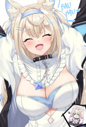 2girls :d absurdres animal_ears arms_up bandaid bandaid_hair_ornament bib_collar black_jacket blonde_hair blue_hair blue_hairband blush bouncing_breasts breast_envy breasts center_frills cleavage cleavage_cutout closed_eyes clothing_cutout commentary_request cutout_above_navel detached_collar dog_ears double-parted_bangs dress fang frilled_shirt_collar frills fur-trimmed_jacket fur_trim fuwawa_abyssgard fuwawa_abyssgard_(1st_costume) hair_between_eyes hair_ornament hairband hairclip highres hololive hololive_english horn_hairband jacket large_breasts leeshin0919 long_hair long_sleeves mococo_abyssgard motion_blur multicolored_hair multiple_girls open_mouth siblings sisters skin_fang smile solo_focus streaked_hair twins two_side_up unaligned_breasts upper_body virtual_youtuber white_dress