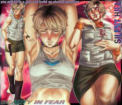 1girl armpits artist_name black_roots blonde_hair blood blood_on_clothes blood_on_face boots closed_eyes commentary copyright_name english_commentary freckles green_skirt gun heather_mason highres holding holding_gun holding_weapon multiple_views nyoolie short_hair silent_hill_(series) silent_hill_3 skirt sleeveless turtleneck vest weapon