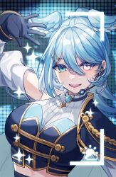 1girl aqua_eyes breasts cross-shaped_pupils elira_pendora gloves hair_between_eyes head_wings headset heterochromia highres large_breasts long_hair looking_at_viewer midriff nijisanji nijisanji_en nijisanji_idol_uniform open_mouth purple_eyes senmi_(vvv_1864) solo sparkle symbol-shaped_pupils virtual_youtuber wings