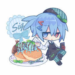 1boy :o apron black_apron black_boots black_hat black_ribbon blue_eyes blue_hair blush boots character_name chibi chibi_only collared_shirt commentary_request cream food full_body futaba969649 green_hat green_pants hair_between_eyes hair_ornament hairclip hat heterochromia highres ice_cream long_sleeves looking_at_viewer male_focus mint_chocolate neck_ribbon open_mouth pancake pants plate puyopuyo red_eyes ribbon shirt short_hair sig_(puyopuyo) simple_background solo standing striped_clothes striped_hat striped_pants twitter_username two-tone_hat white_background white_shirt