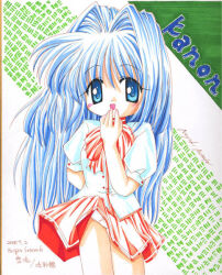 Rule 34 | 1girl, 2000s (style), :d, bad id, blue eyes, blue hair, blush, bow, bowtie, colored pencil (medium), copyright name, cowboy shot, dated, hair intakes, kanon, long hair, looking at viewer, minase nayuki, miniskirt, open mouth, panties, pantyshot, pink bow, pink bowtie, pink skirt, puffy short sleeves, puffy sleeves, shirt, short sleeves, skirt, smile, solo, sou ryuu, traditional media, underwear, white panties, white shirt